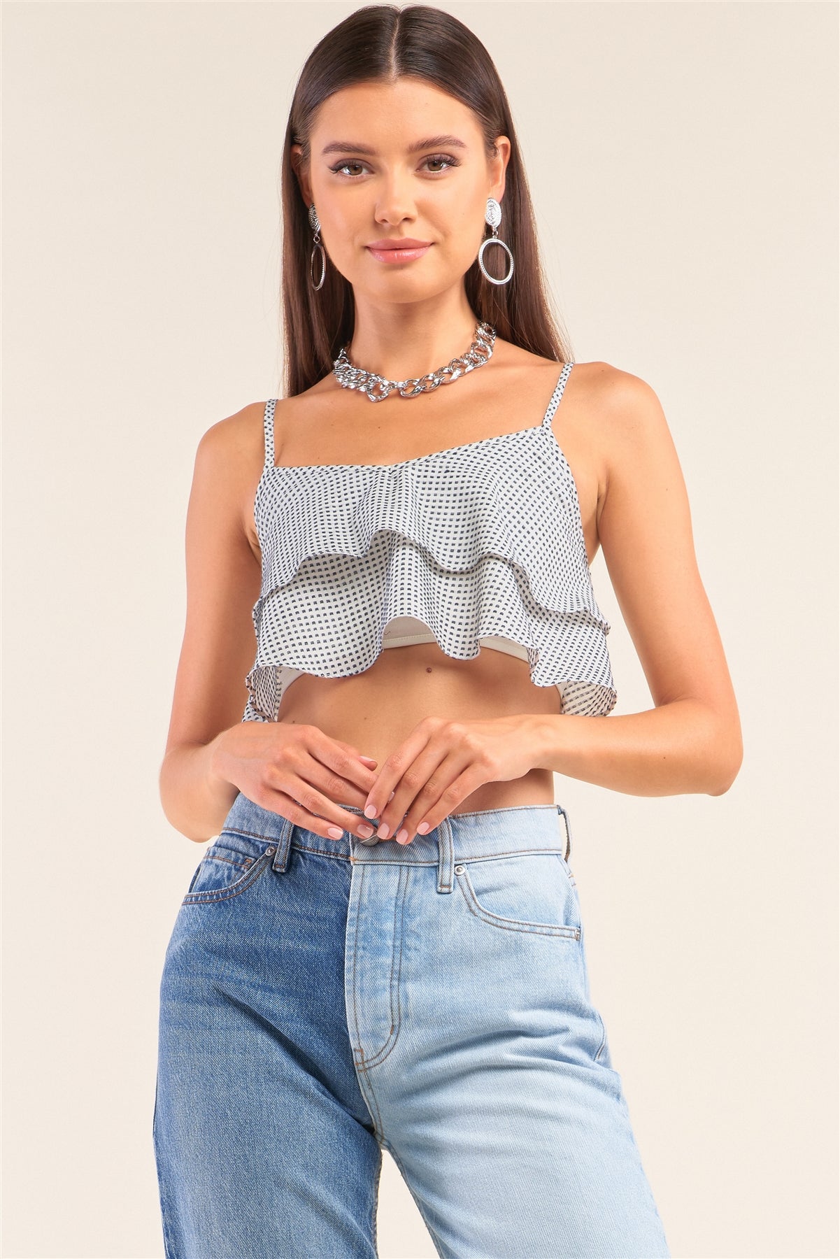 White And Navy Sleeveless Polka Square Layered Smock Back Cropped Top-Product Type | Naughty Smile Fashion