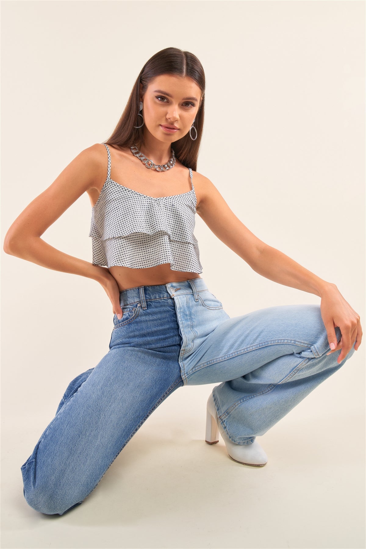 White And Navy Sleeveless Polka Square Layered Smock Back Cropped Top-Product Type | Naughty Smile Fashion