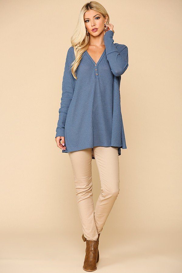 Waffle Knit And Woven Print Mixed Hi Low Flowy Tunic Top-Product Type | Naughty Smile Fashion