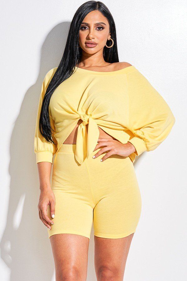 Solid French Terry Tie Front Off The Shoulder Slouchy Top And Shorts Two Piece Set-Product Type | Naughty Smile Fashion