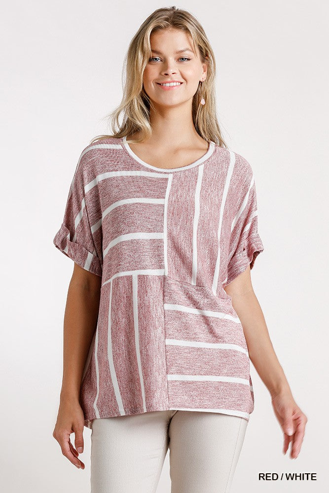 Horizontal And Vertical Striped Short Folded Sleeve Top With High Low Hem-Product Type | Naughty Smile Fashion