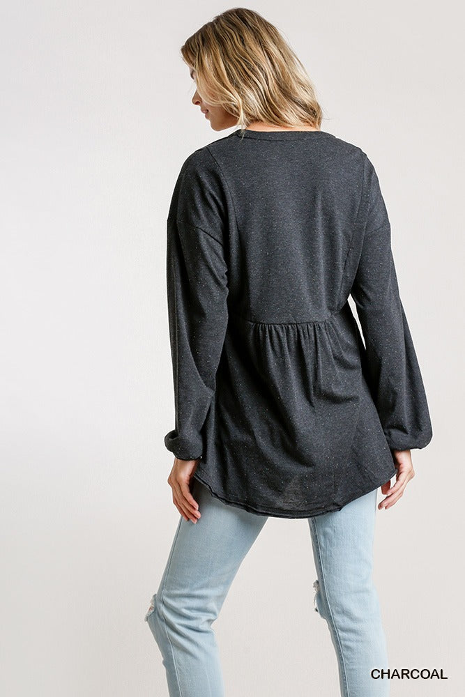 Confetti Detailed Long Puff Sleeve Babydoll Top With Button Front And Raw Hem-Product Type | Naughty Smile Fashion