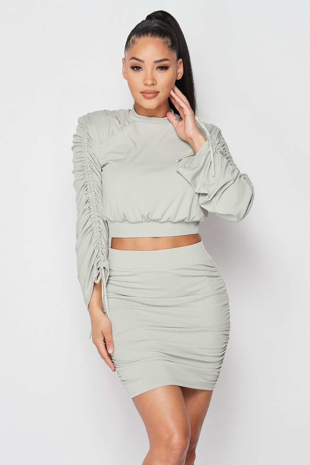 Ruched Long Sleeve And Skirt Set-Product Type | Naughty Smile Fashion
