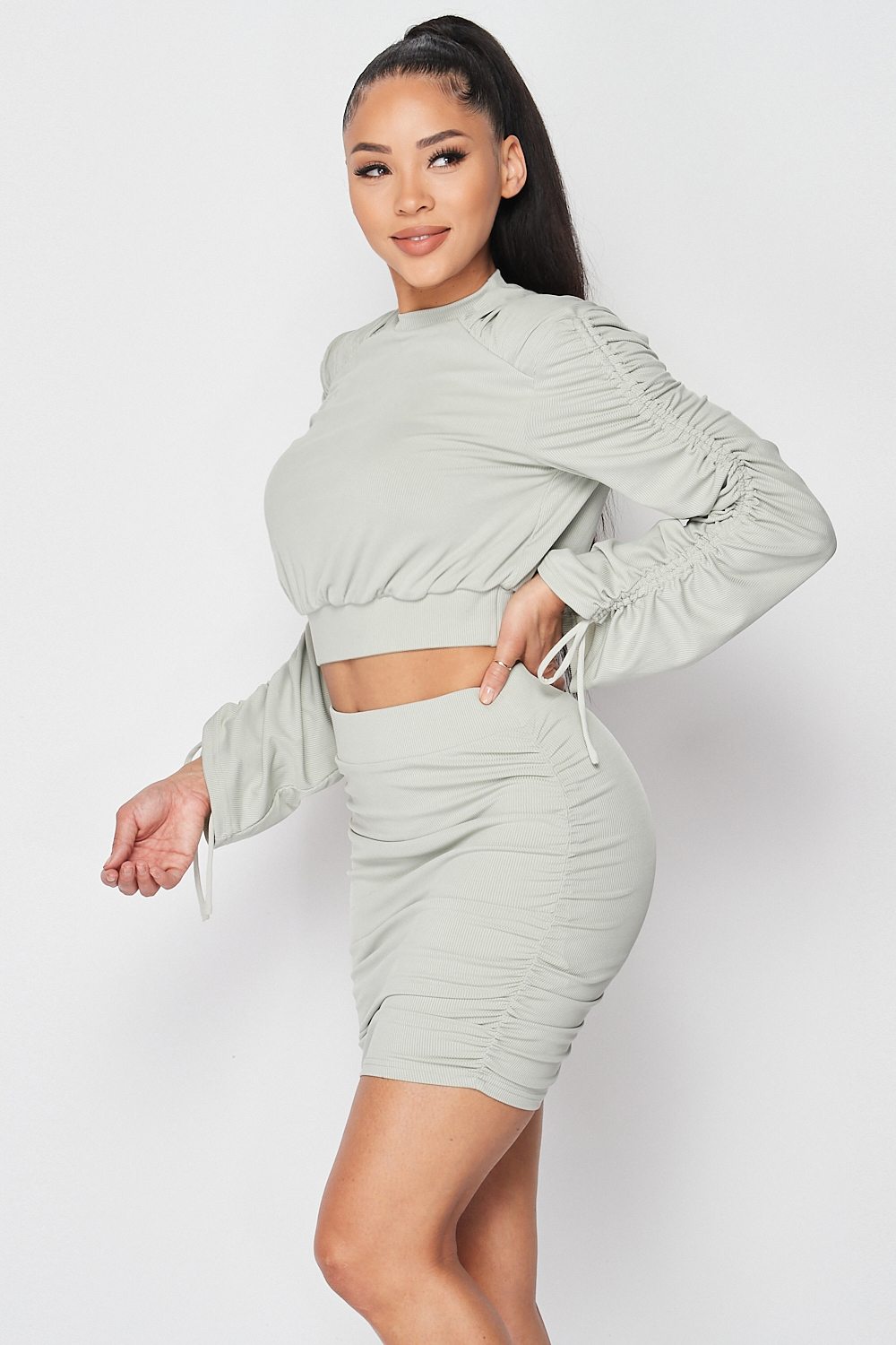 Ruched Long Sleeve And Skirt Set-Product Type | Naughty Smile Fashion