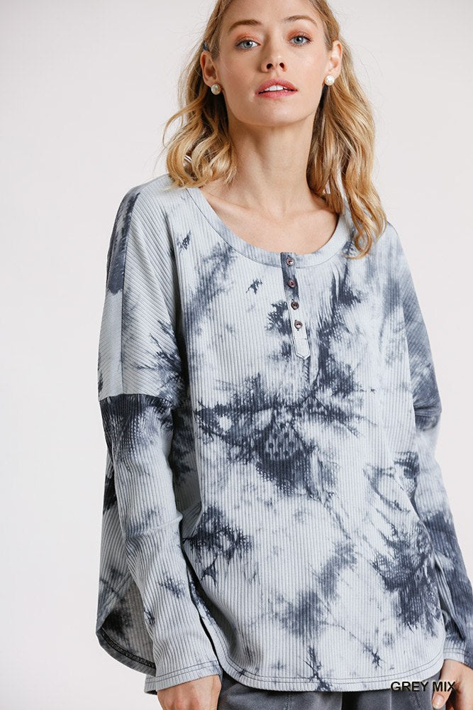 Tie Dye Round Neck Ribbed Button Front Top With Round Hem-Product Type | Naughty Smile Fashion