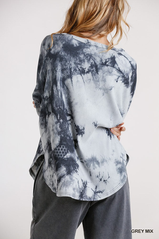 Tie Dye Round Neck Ribbed Button Front Top With Round Hem-Product Type | Naughty Smile Fashion