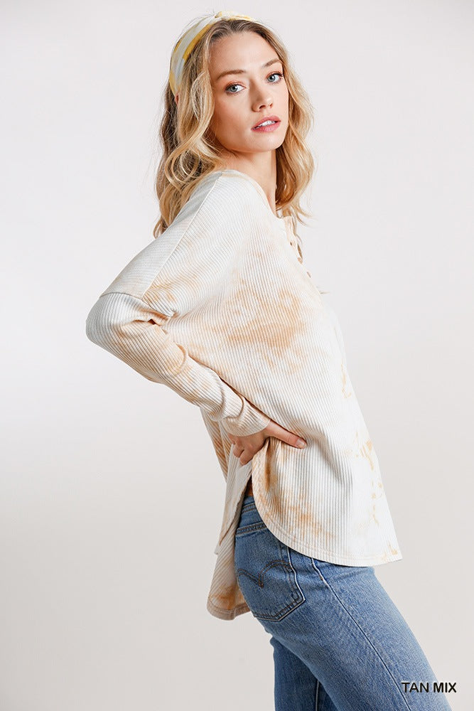 Tie Dye Round Neck Ribbed Button Front Top With Round Hem-Product Type | Naughty Smile Fashion