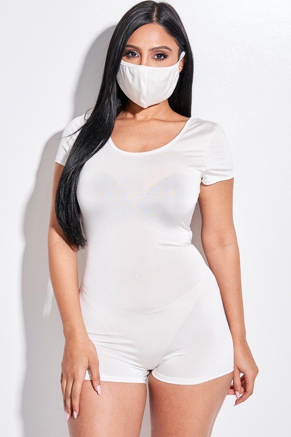 Solid Short Sleeve Scoop Neck Romper And Face Mask 2 Piece Set-Product Type | Naughty Smile Fashion