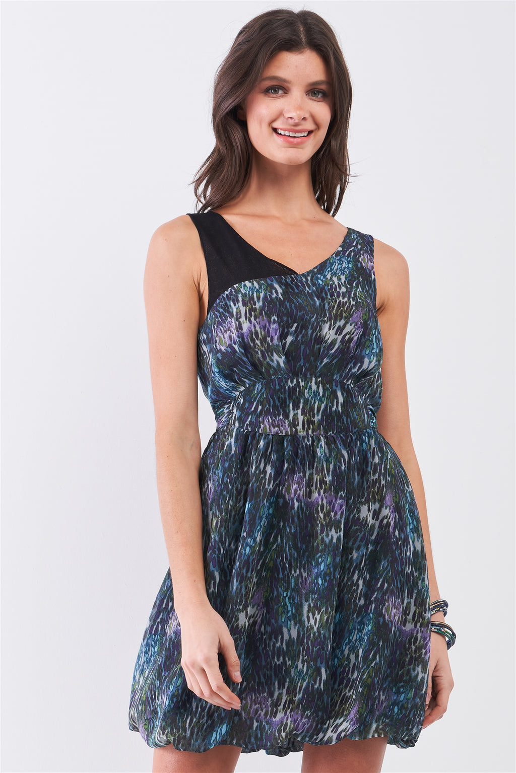 Navy Blue Sleeveless Mesh V-neck Self-tie Waist Stitched Together Bottom Mini Dress-Product Type | Naughty Smile Fashion