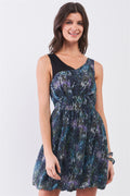 Navy Blue Sleeveless Mesh V-neck Self-tie Waist Stitched Together Bottom Mini Dress-Product Type | Naughty Smile Fashion