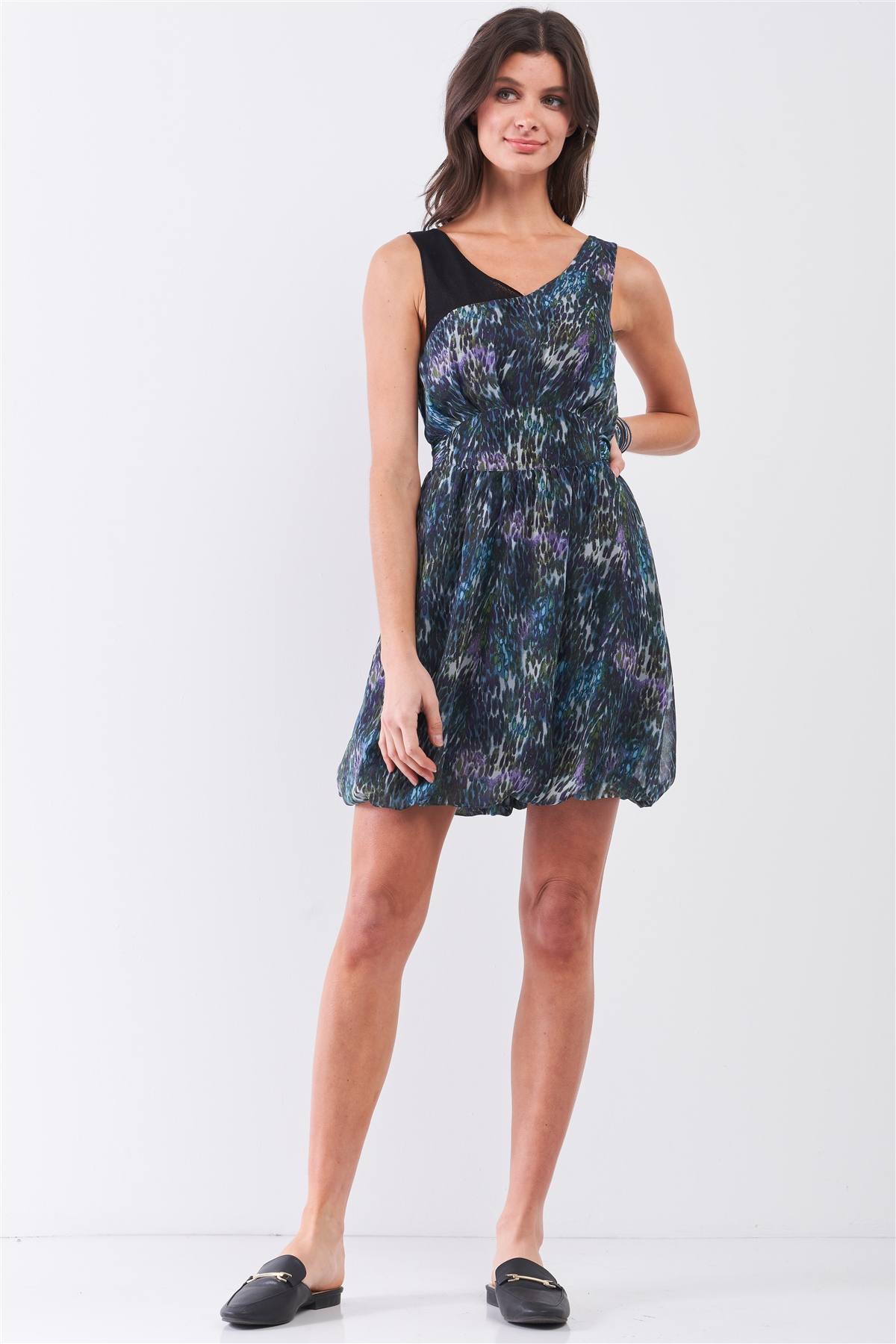 Navy Blue Sleeveless Mesh V-neck Self-tie Waist Stitched Together Bottom Mini Dress-Product Type | Naughty Smile Fashion