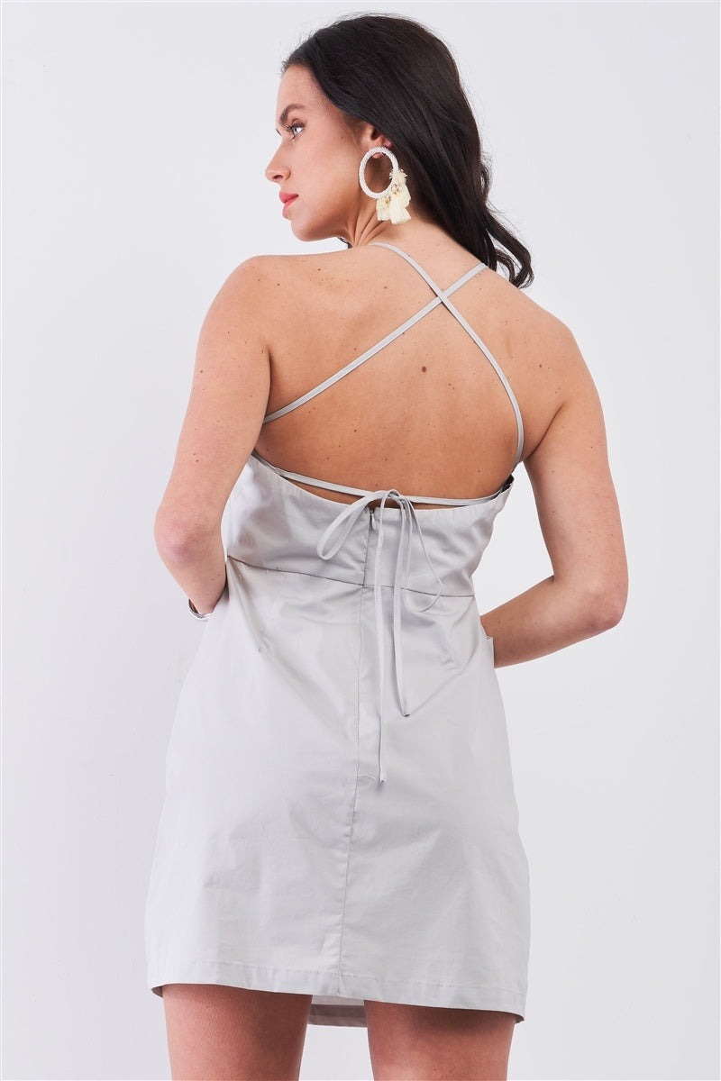 Light Grey Cotton Sleeveless Back Criss Cross Straps Square Neck Side Pockets Apron Mini Dress-Product Type | Naughty Smile Fashion
