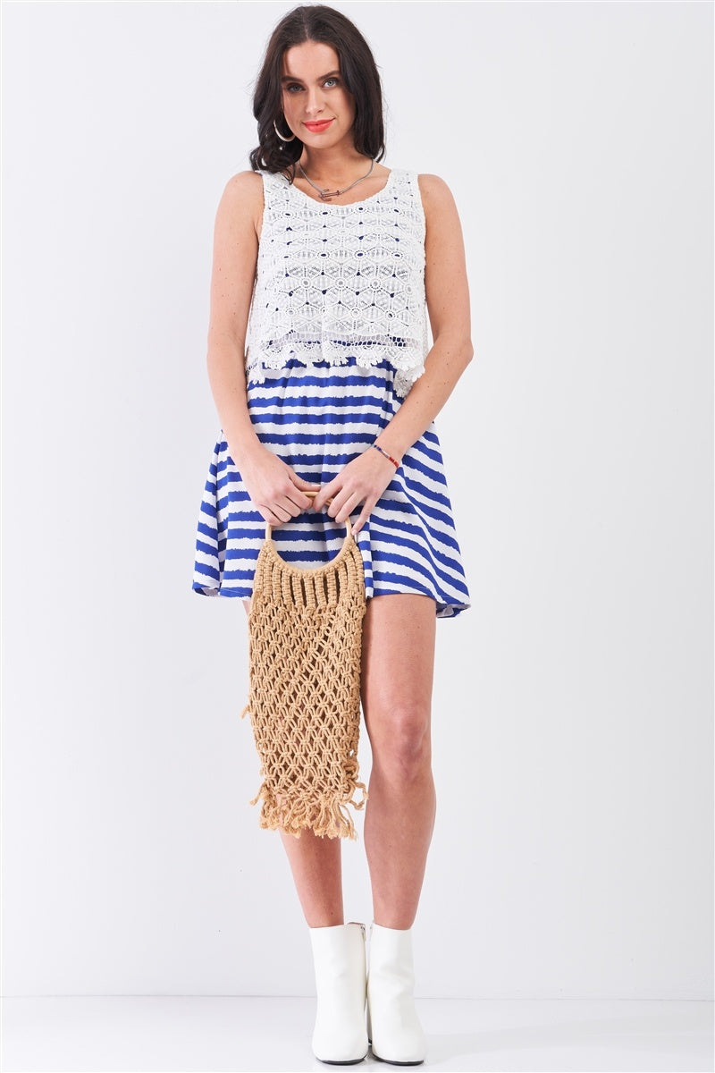 White & Navy Horizontal Striped Round Neck Sleeveless Floral Embroidery Layered Top Mini Dress-Product Type | Naughty Smile Fashion