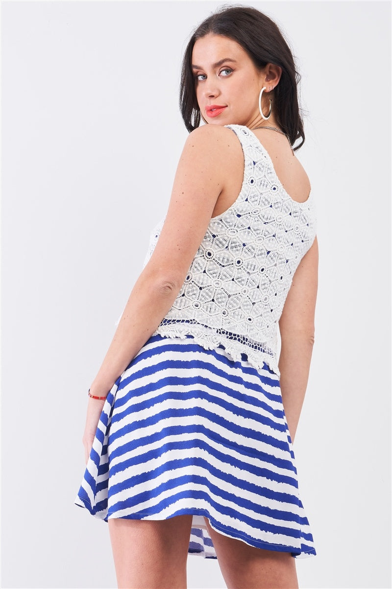 White & Navy Horizontal Striped Round Neck Sleeveless Floral Embroidery Layered Top Mini Dress-Product Type | Naughty Smile Fashion