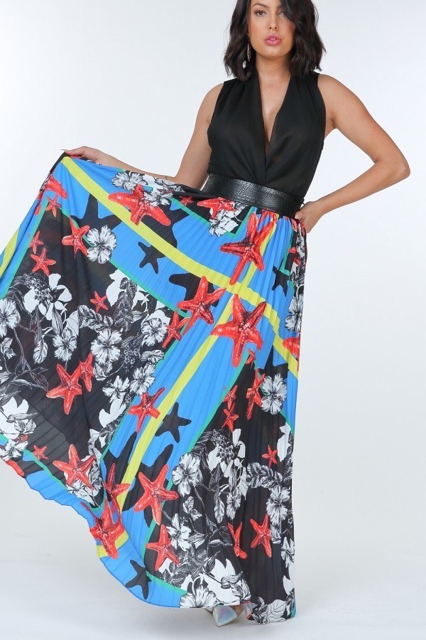 Pleated Print Maxi Skirt With Leather Waist Band-Product Type | Naughty Smile Fashion