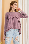 Long Sleeve Ruffled Detailing Oil Washed Knit Tunic-Product Type | Naughty Smile Fashion