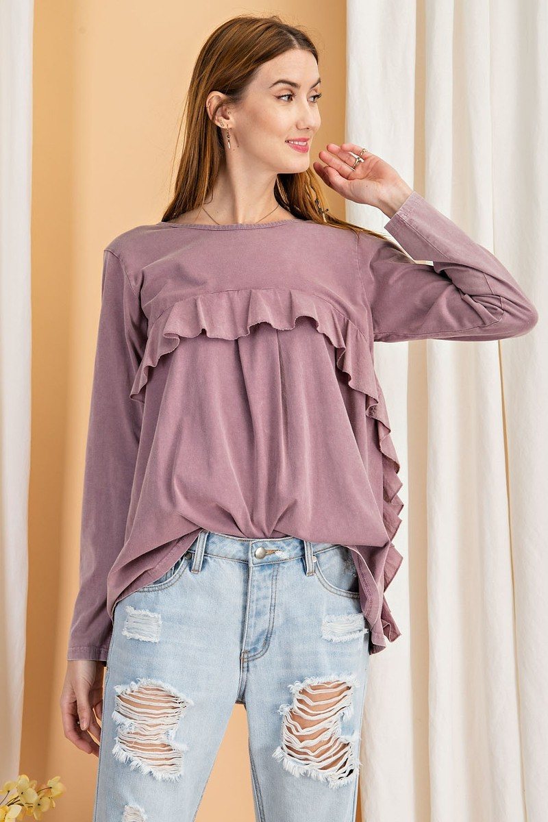Long Sleeve Ruffled Detailing Oil Washed Knit Tunic-Product Type | Naughty Smile Fashion