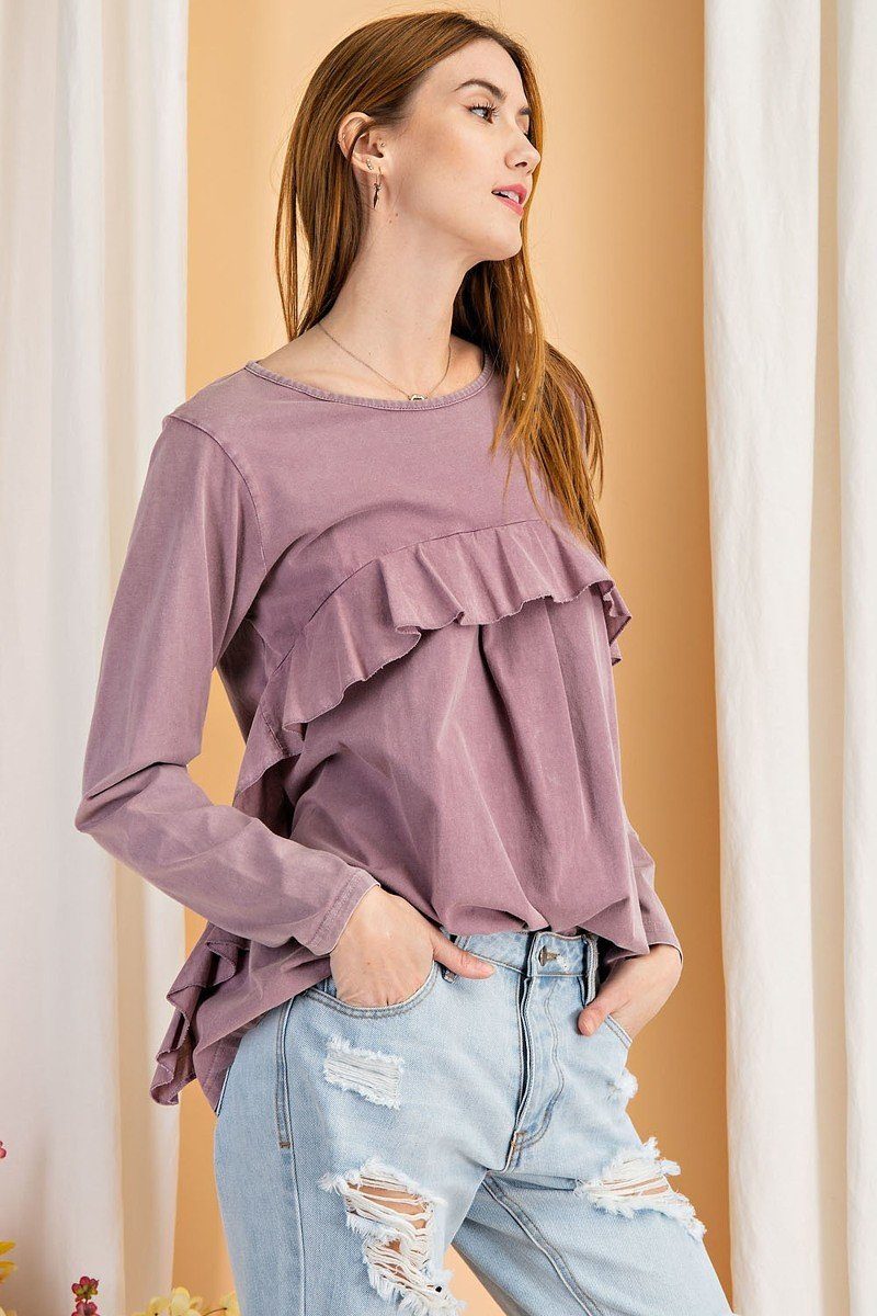 Long Sleeve Ruffled Detailing Oil Washed Knit Tunic-Product Type | Naughty Smile Fashion