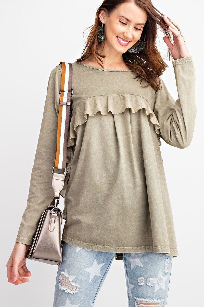 Long Sleeve Ruffled Detailing Oil Washed Knit Tunic-Product Type | Naughty Smile Fashion