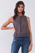 Purple & Multi Sleeveless Mock Neck Front Button Down Sheer Blouse Top-Product Type | Naughty Smile Fashion