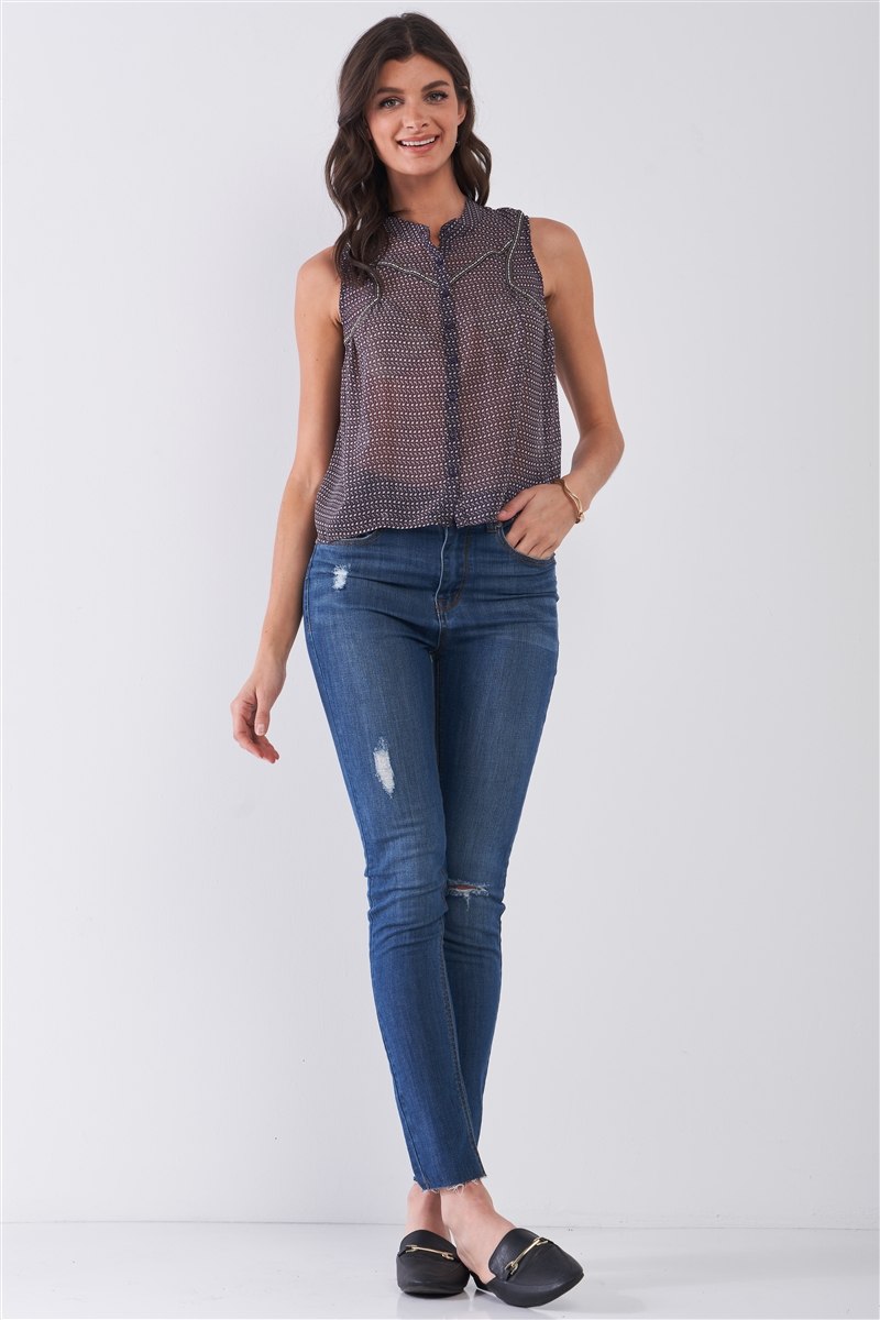 Purple & Multi Sleeveless Mock Neck Front Button Down Sheer Blouse Top-Product Type | Naughty Smile Fashion
