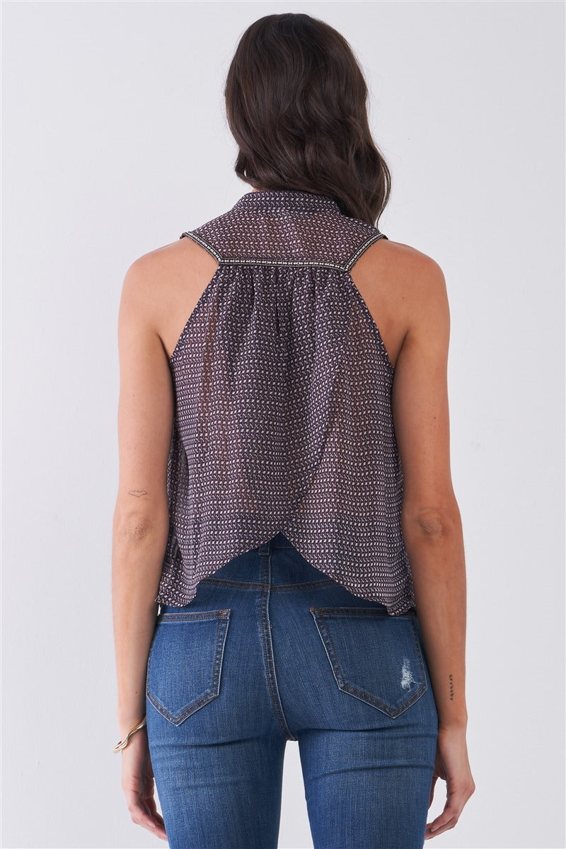 Purple & Multi Sleeveless Mock Neck Front Button Down Sheer Blouse Top-Product Type | Naughty Smile Fashion