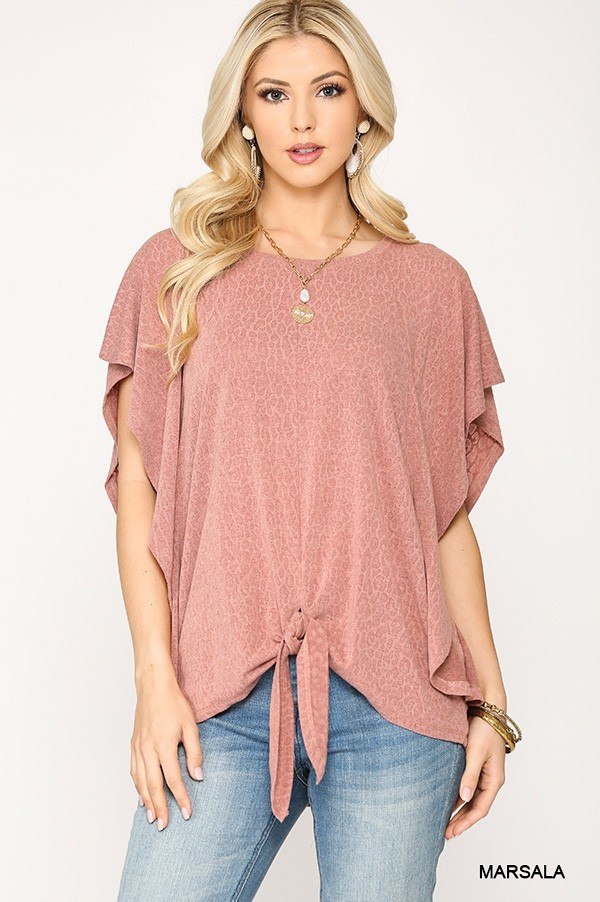 Leopard Jacquard Knit Jersey Top With Front Tie, Ruffled Sleeve-Product Type | Naughty Smile Fashion