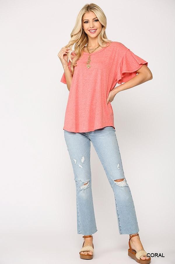 Solid Round Neck Frill Sleeve Top With Scoop Hem-Product Type | Naughty Smile Fashion