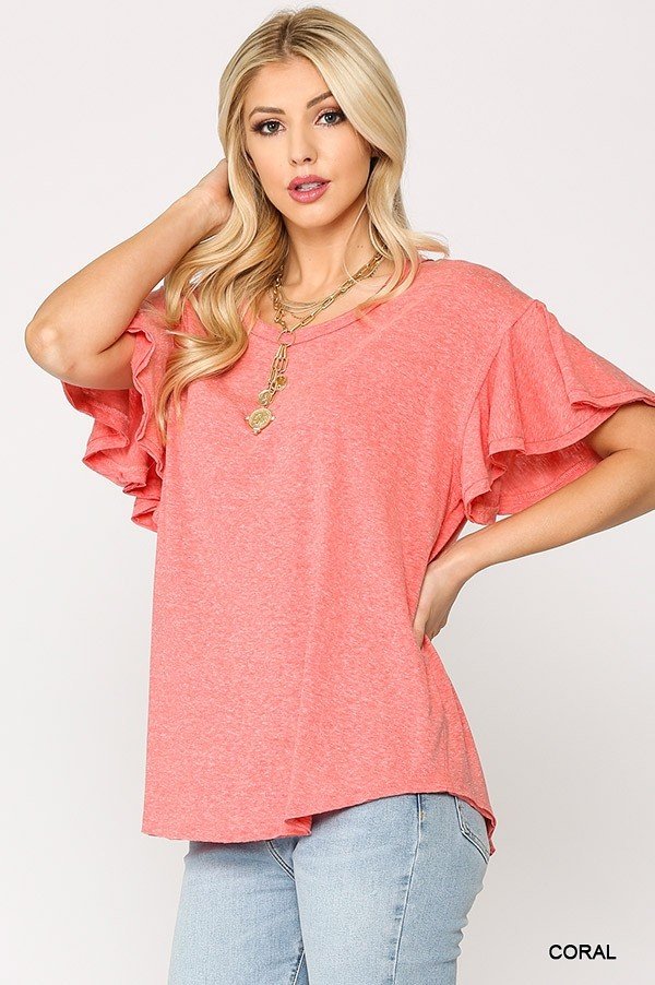 Solid Round Neck Frill Sleeve Top With Scoop Hem-Product Type | Naughty Smile Fashion