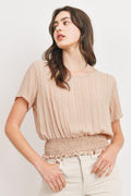 Woven Printed Crinkle Gauze Waist Smocking Short Sleeve Top-Product Type | Naughty Smile Fashion