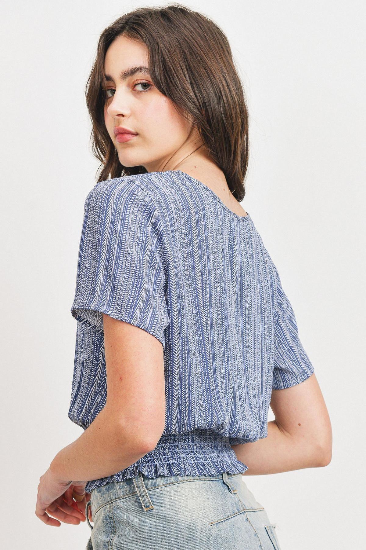 Woven Printed Crinkle Gauze Waist Smocking Short Sleeve Top-Product Type | Naughty Smile Fashion