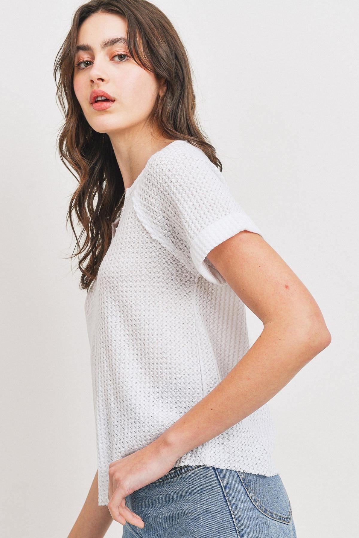 Waffle Raw Edge V-neck Rolled Up Short Sleeves Top-Product Type | Naughty Smile Fashion
