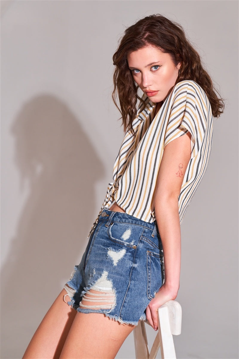 Ripped High-waist Front Zip-up Raw Hem Detail Distressed Mini Shorts-Product Type | Naughty Smile Fashion