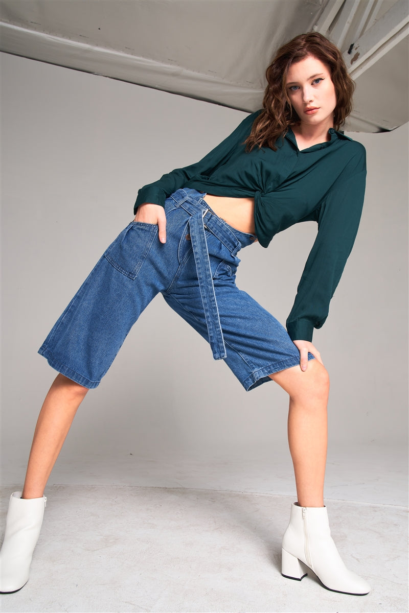 Mid Blue Denim Front Cut-out High-waist Buckle Self-tie Belt Detail Midi Flare Jean Pants-Product Type | Naughty Smile Fashion