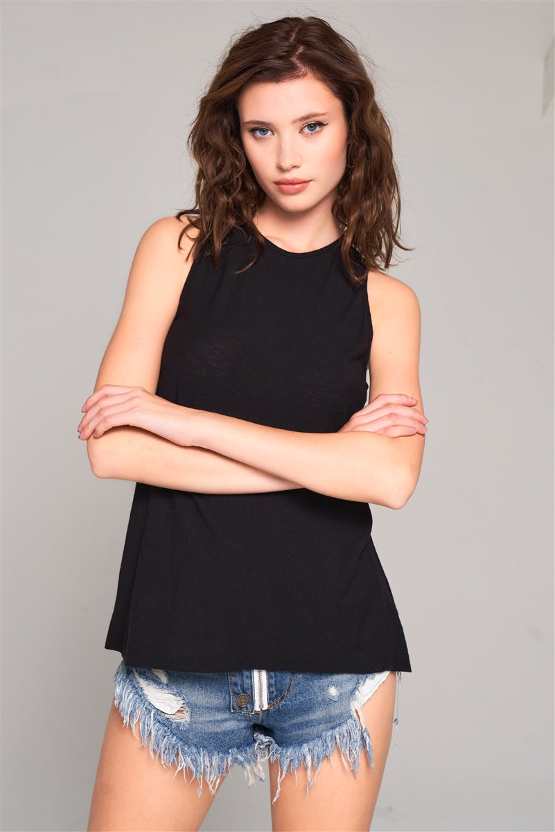Sleeveless Crew Neck Cut-out Back Detail Longline Top-Product Type | Naughty Smile Fashion