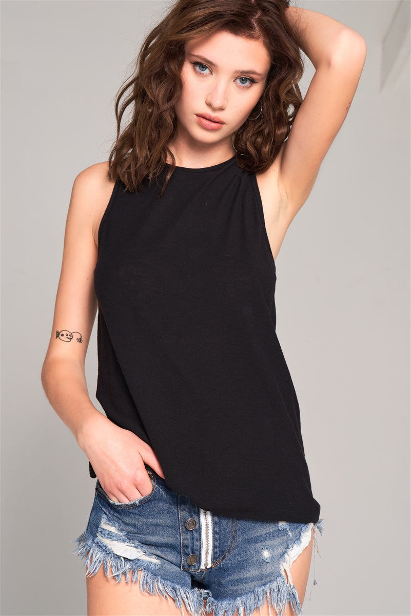Sleeveless Crew Neck Cut-out Back Detail Longline Top-Product Type | Naughty Smile Fashion