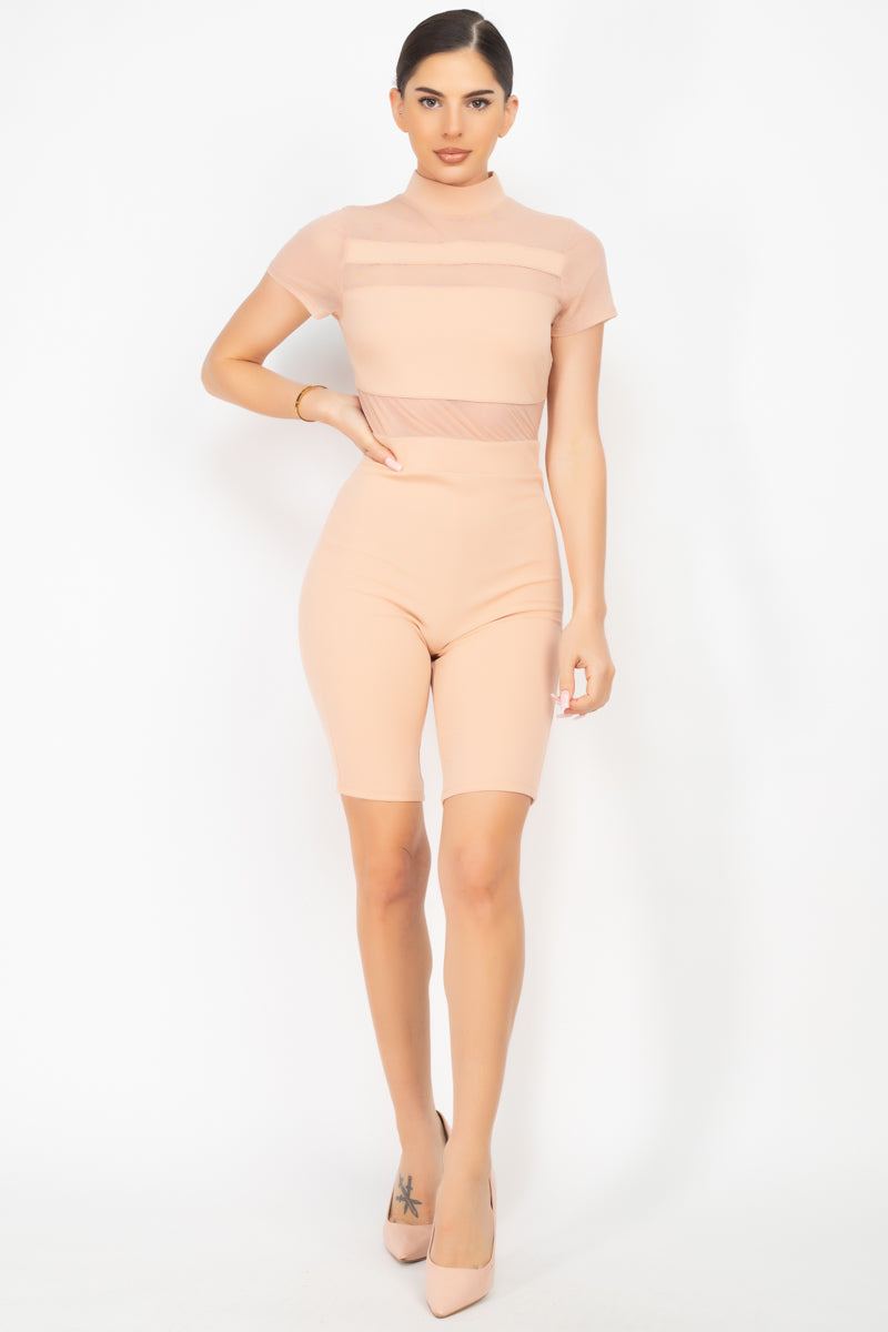Stripe Mesh Mock Neck Biker Romper-Product Type | Naughty Smile Fashion