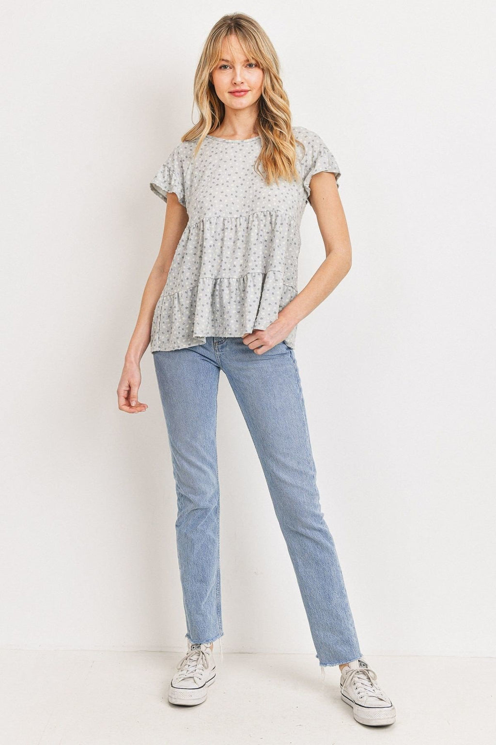 Dot Textured Print Jersey Ruffled Short Sleeve Top-Product Type | Naughty Smile Fashion