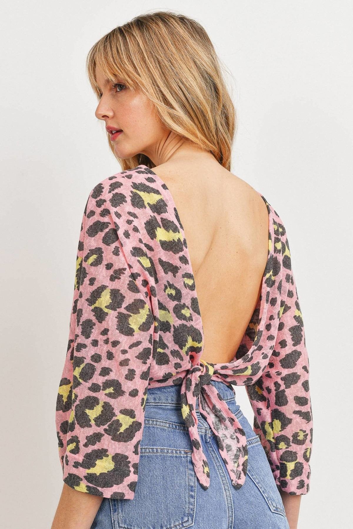 Leopard Knit Back Opened Short Sleeve Top-Product Type | Naughty Smile Fashion