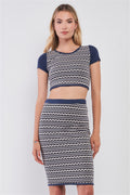 Navy & White Geometrical Pattern Short Sleeve Crop Top & High-waisted Pencil Skirt Two Piece Set-Product Type | Naughty Smile Fashion