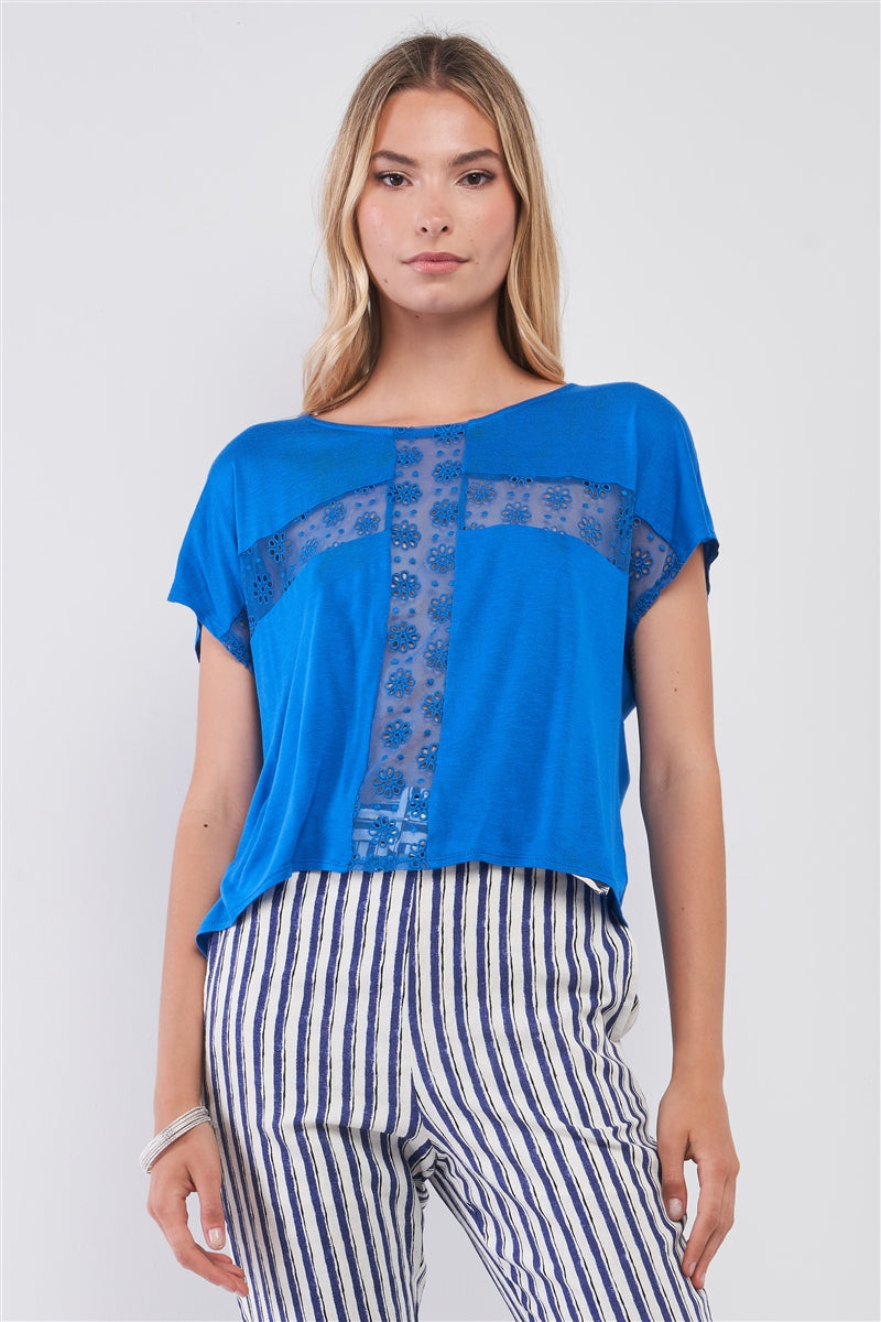 Royal Blue Boat Neck Short Sleeve See-trough Cross Cut-in Detail With Floral Embroidery Top-Product Type | Naughty Smile Fashion