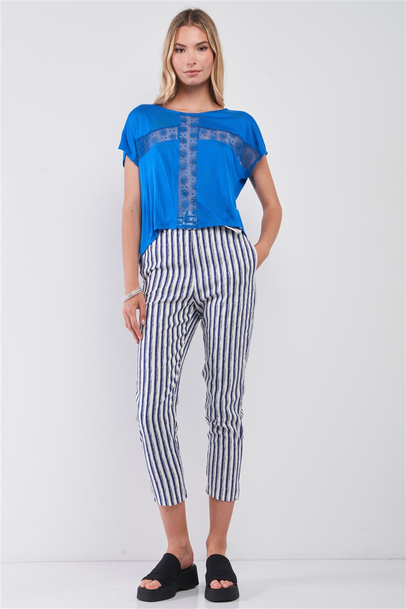 Royal Blue Boat Neck Short Sleeve See-trough Cross Cut-in Detail With Floral Embroidery Top-Product Type | Naughty Smile Fashion