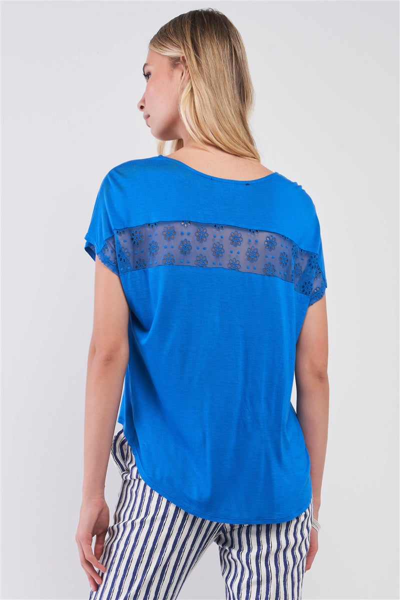 Royal Blue Boat Neck Short Sleeve See-trough Cross Cut-in Detail With Floral Embroidery Top-Product Type | Naughty Smile Fashion
