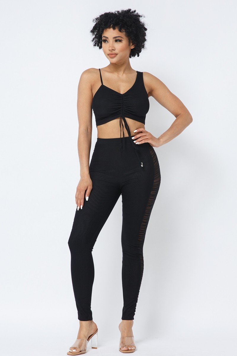 Mesh Strappy Adjustable Ruched Crop Top With Matching See Through Side Panel Leggings-Product Type | Naughty Smile Fashion