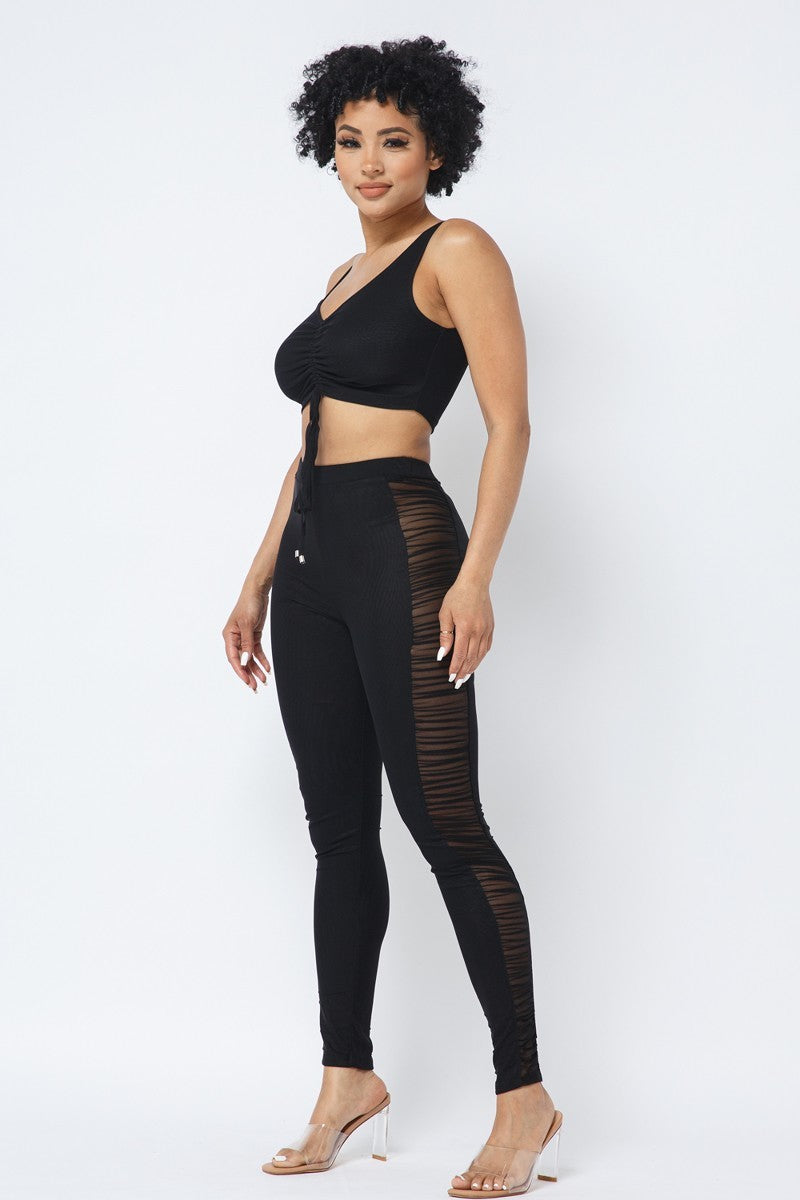 Mesh Strappy Adjustable Ruched Crop Top With Matching See Through Side Panel Leggings-Product Type | Naughty Smile Fashion
