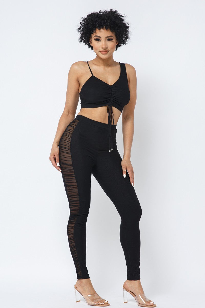 Mesh Strappy Adjustable Ruched Crop Top With Matching See Through Side Panel Leggings-Product Type | Naughty Smile Fashion