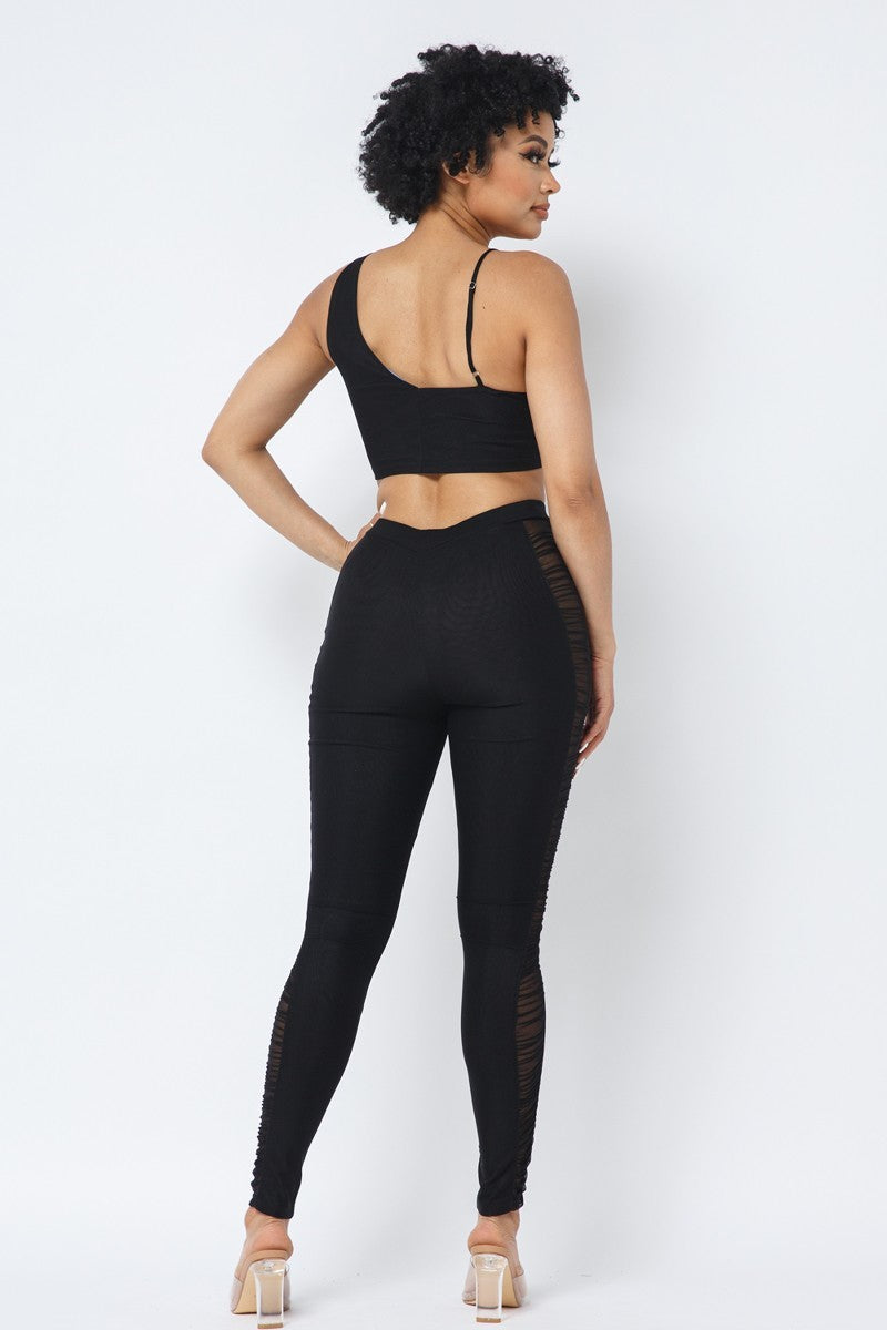 Mesh Strappy Adjustable Ruched Crop Top With Matching See Through Side Panel Leggings-Product Type | Naughty Smile Fashion