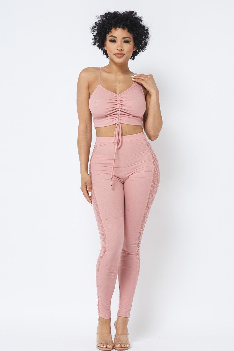 Mesh Strappy Adjustable Ruched Crop Top With Matching See Through Side Panel Leggings-Product Type | Naughty Smile Fashion