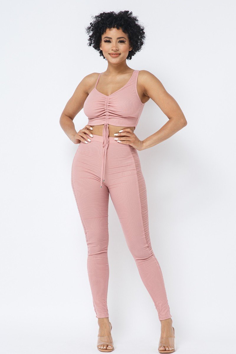 Mesh Strappy Adjustable Ruched Crop Top With Matching See Through Side Panel Leggings-Product Type | Naughty Smile Fashion