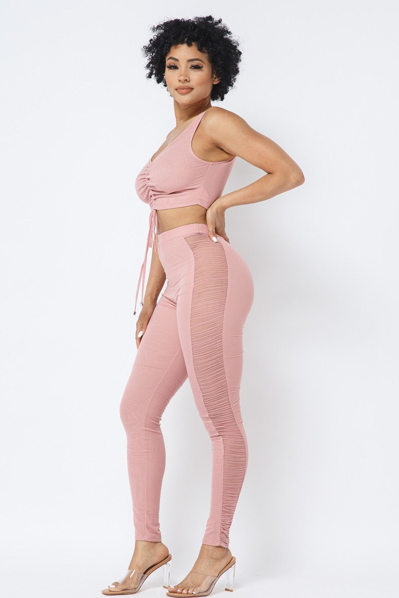 Mesh Strappy Adjustable Ruched Crop Top With Matching See Through Side Panel Leggings-Product Type | Naughty Smile Fashion